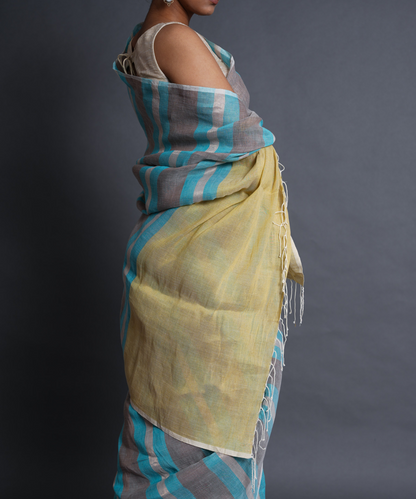 Blue grey striped handwoven linen saree