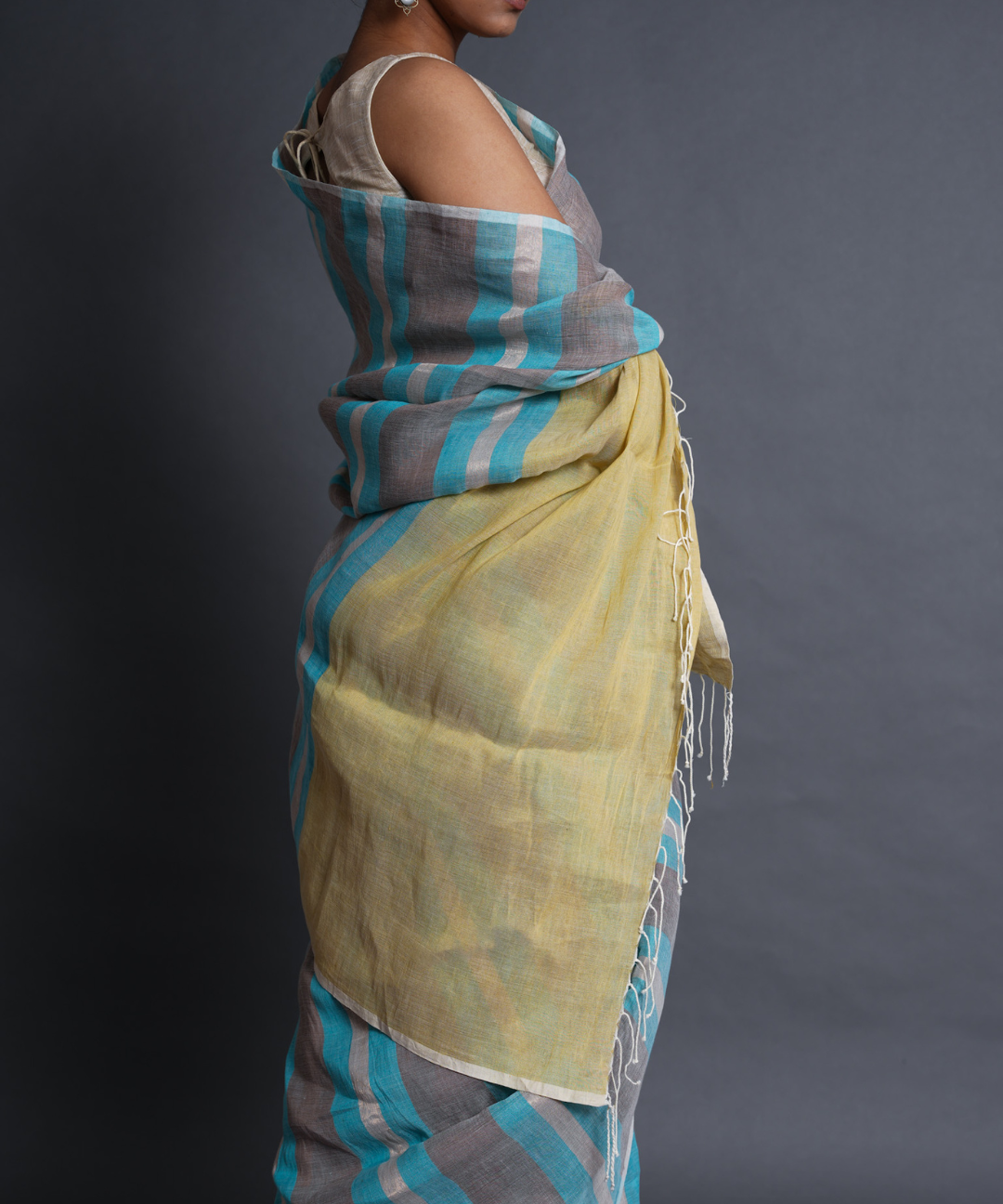 Blue grey striped handwoven linen saree