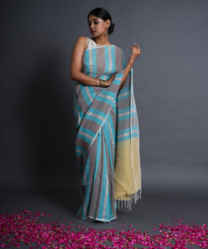 Blue grey striped handwoven linen saree