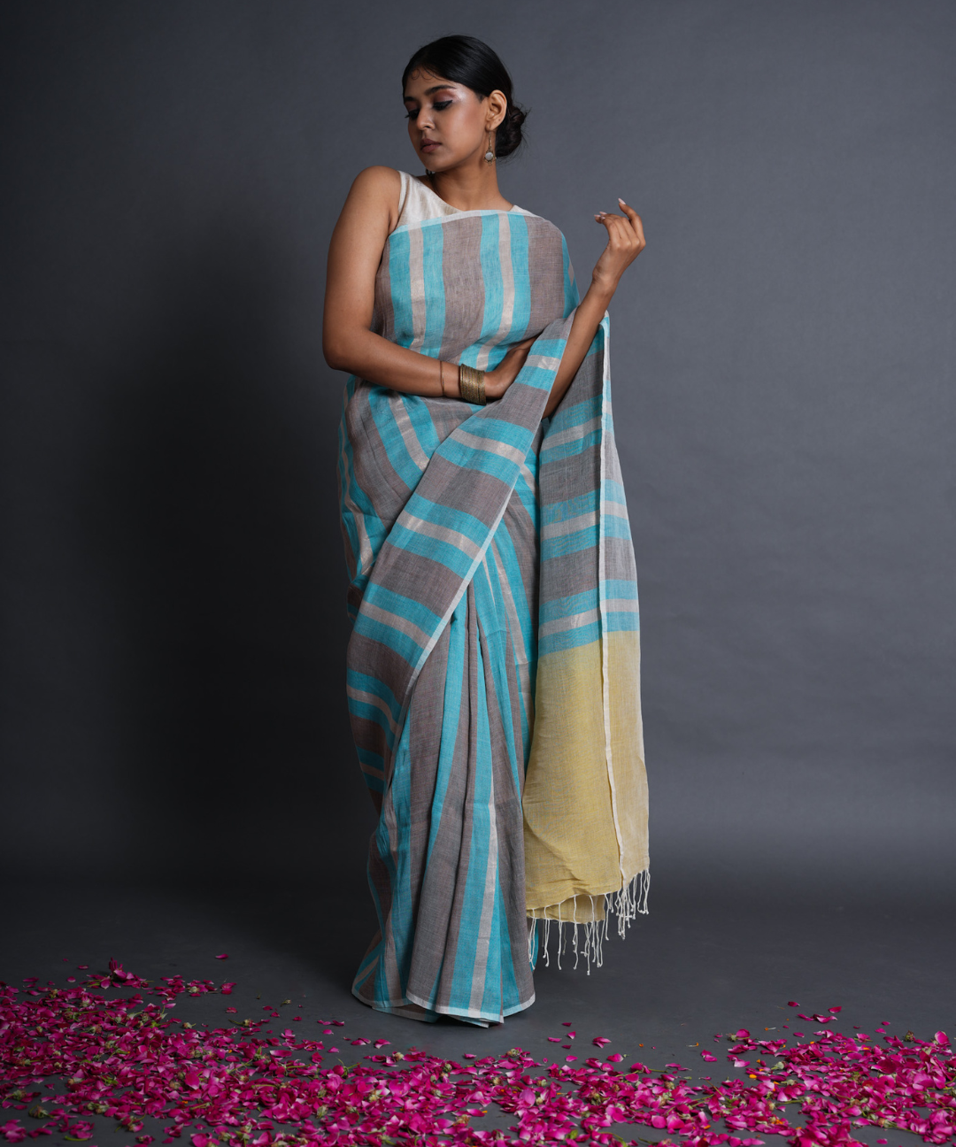 Blue grey striped handwoven linen saree