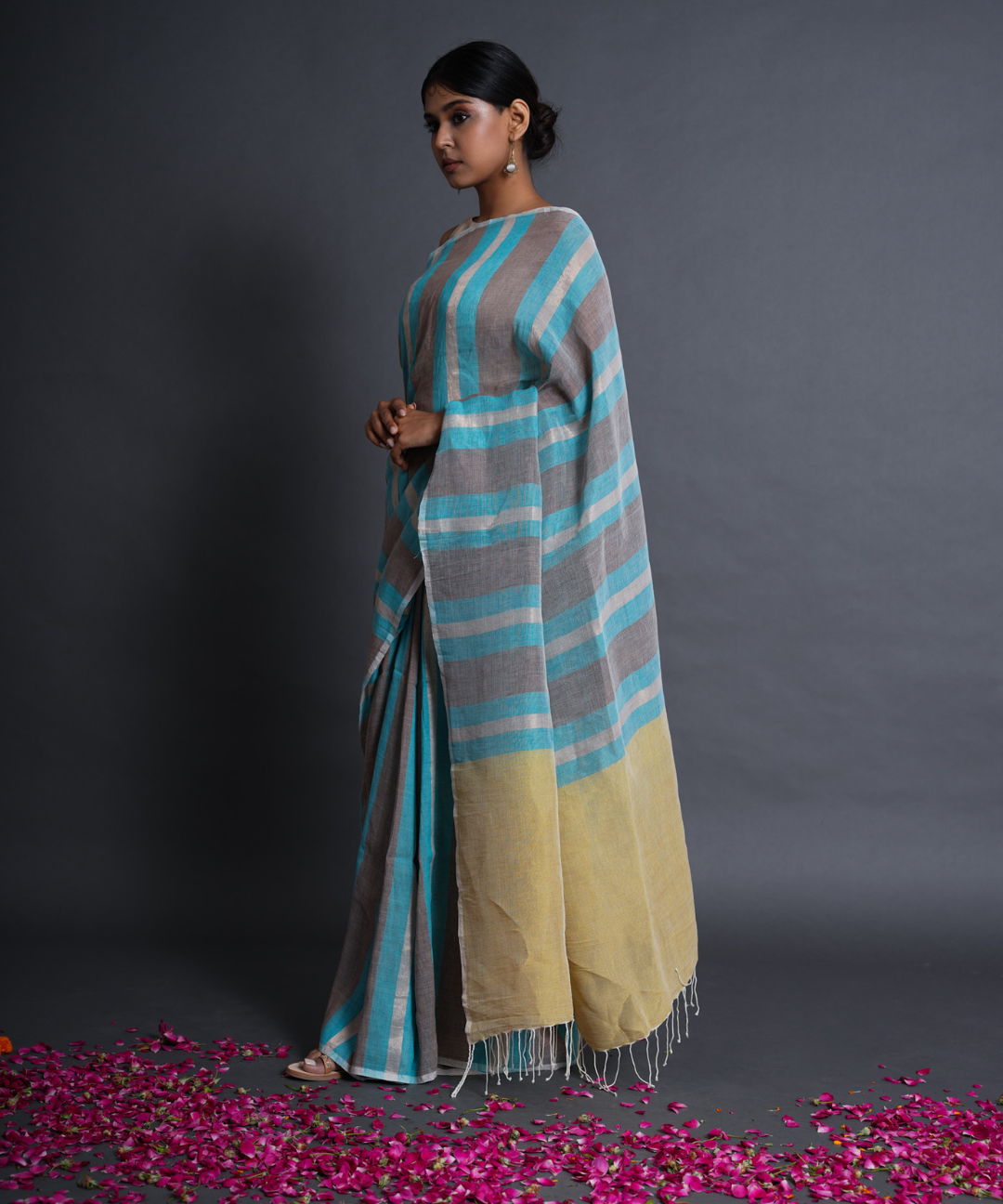 Blue grey striped handwoven linen saree