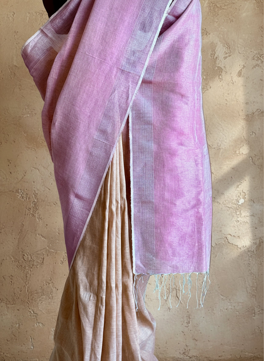 Pink beige handwoven linen saree