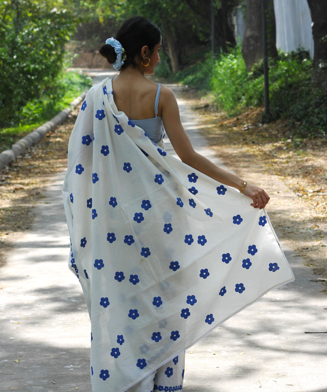 White summer bloom block printed mulmul saree