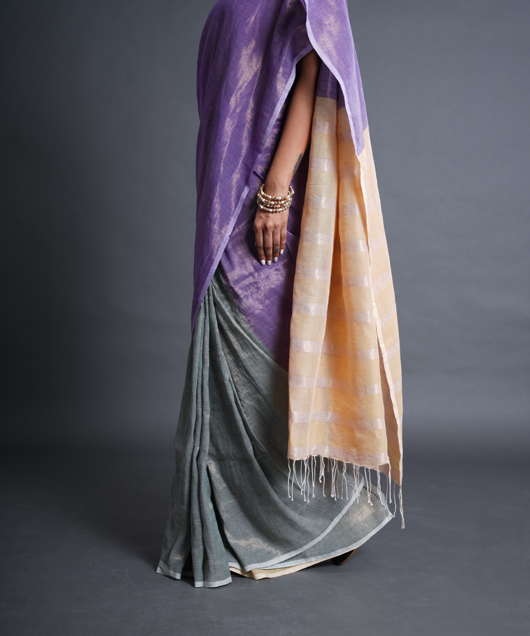 Green-mauve handwoven linen zari saree