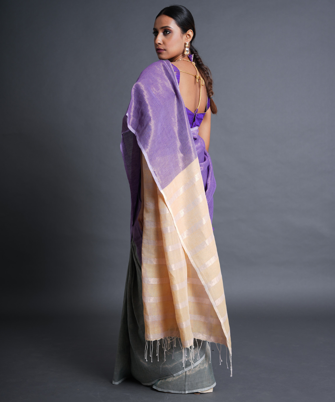 Green-mauve handwoven linen zari saree