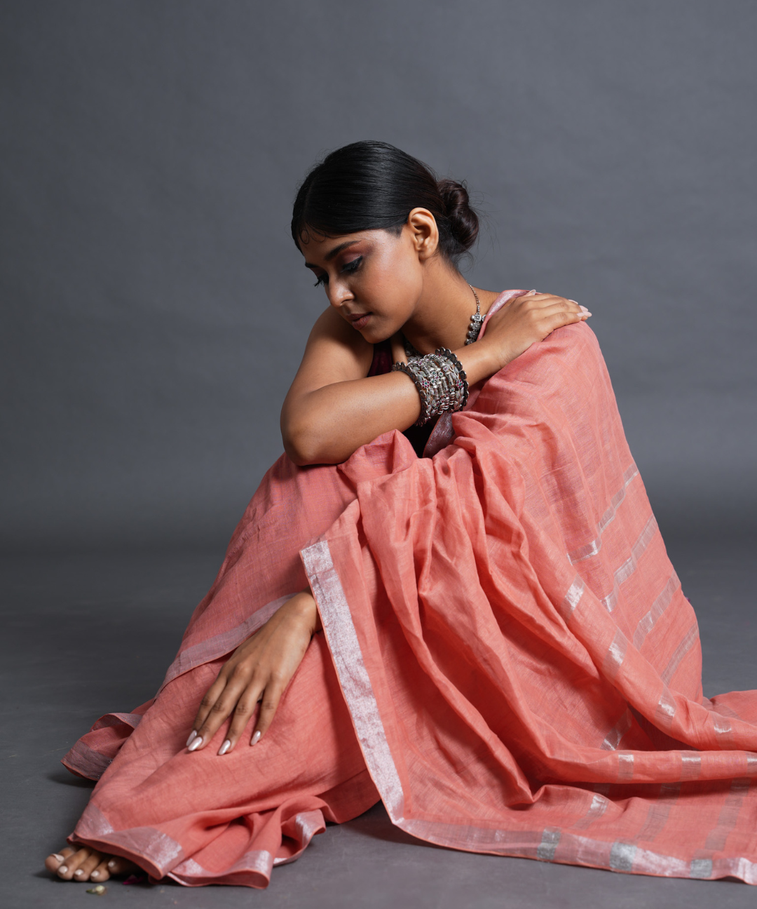 Peach handwoven linen zari saree