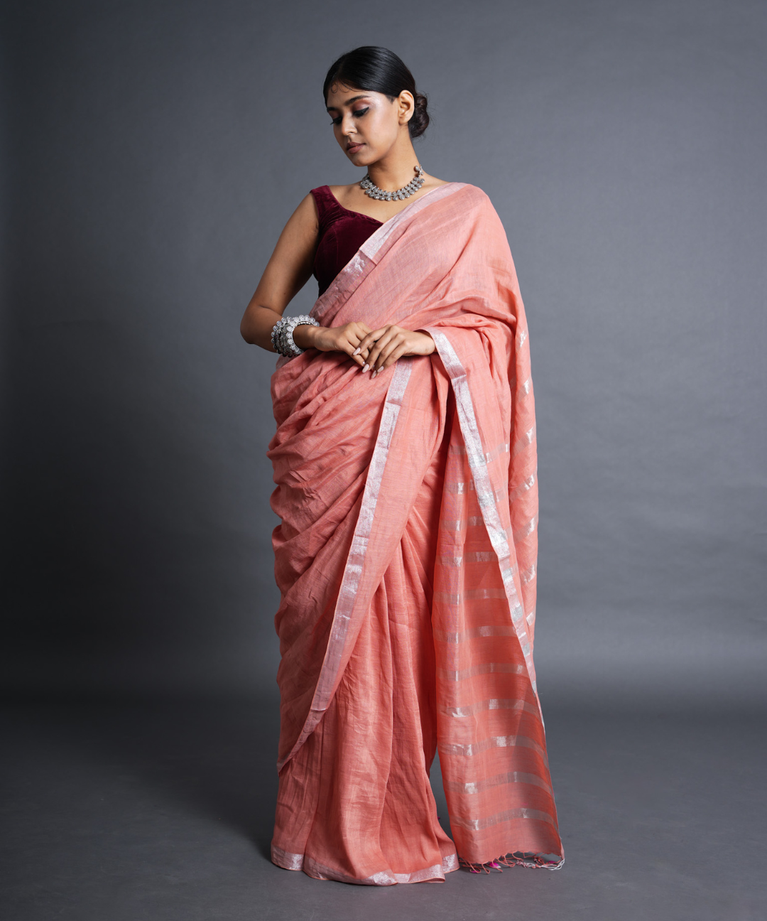 Peach handwoven linen zari saree