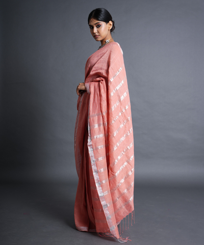 Peach handwoven linen zari saree