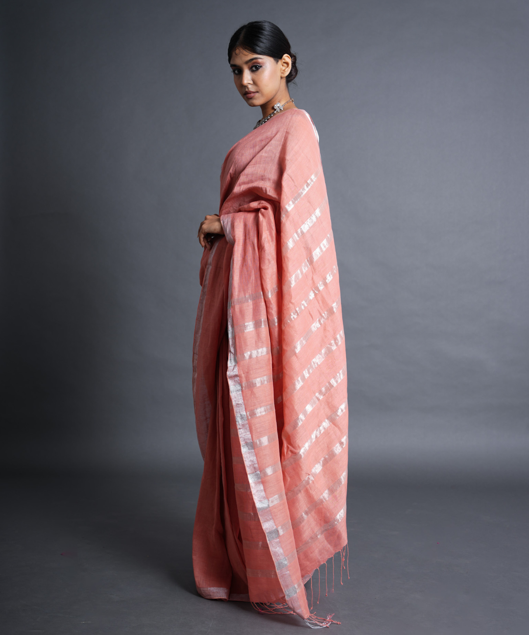 Peach handwoven linen zari saree