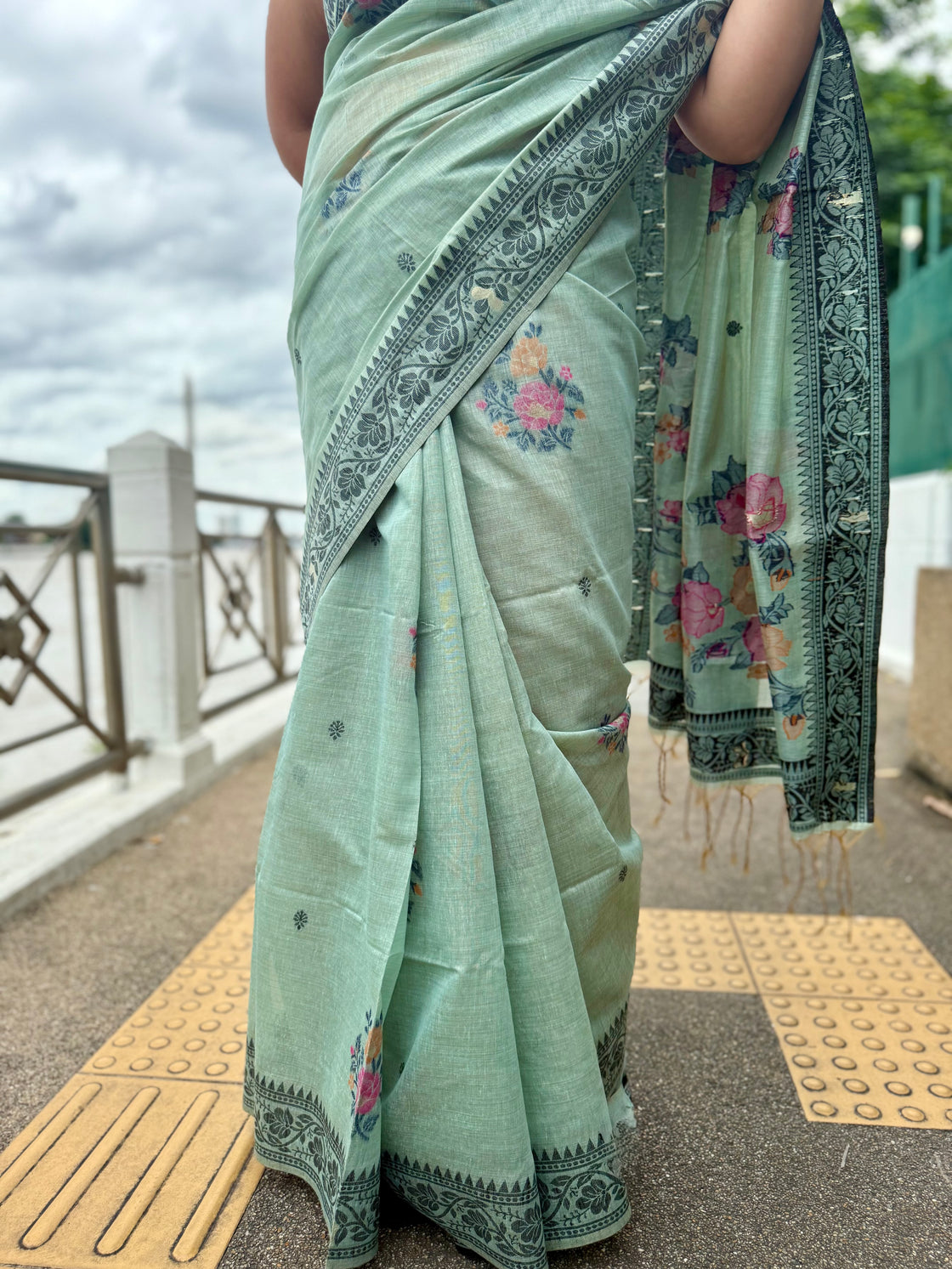 Sage green chanderi cotton jamdani saree