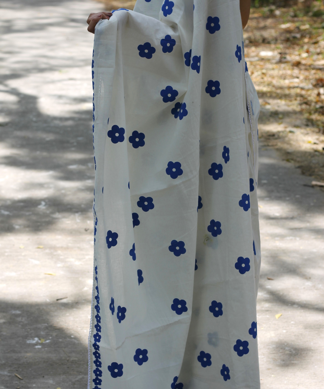 White summer bloom block printed mulmul saree