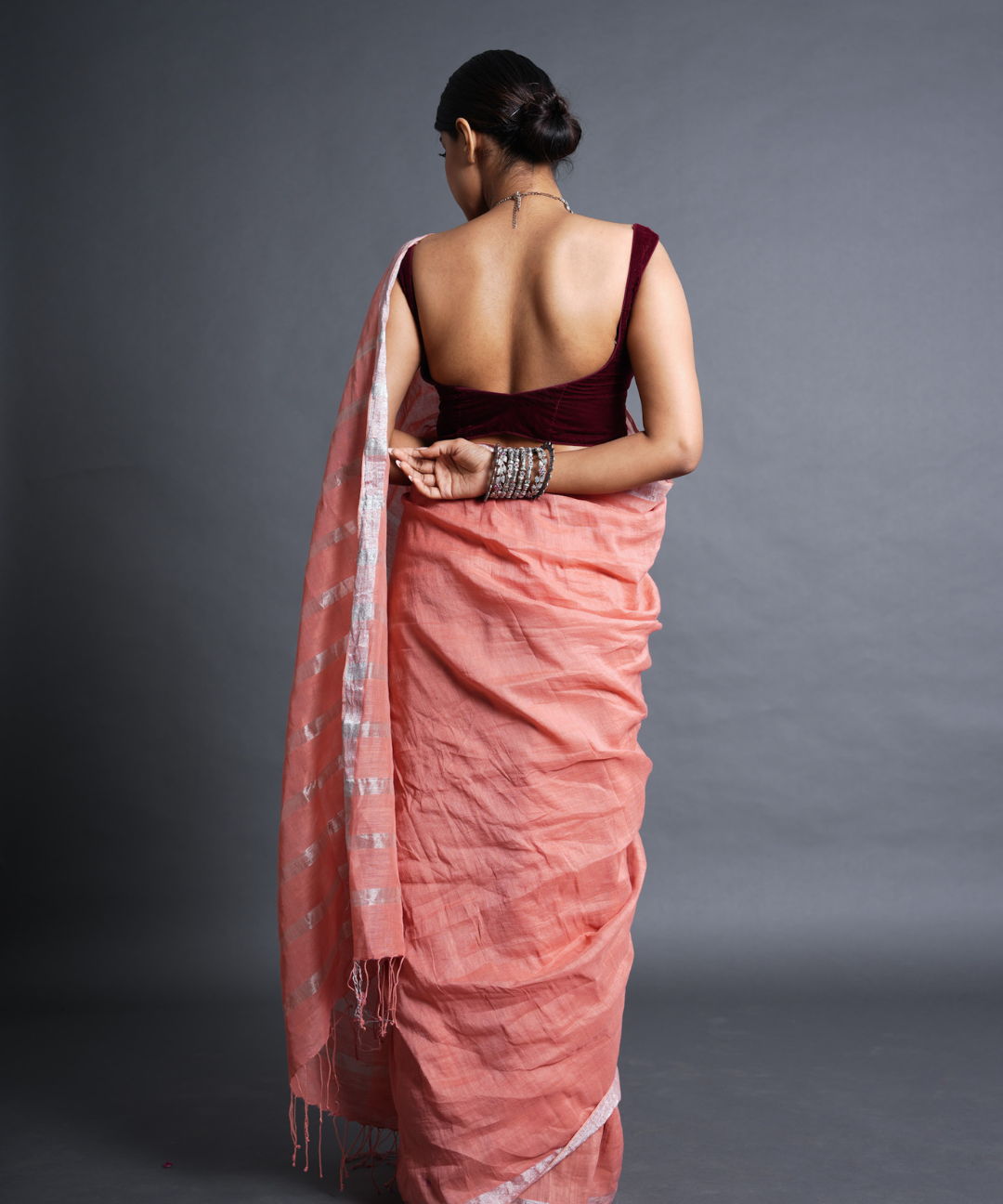 Peach handwoven linen zari saree