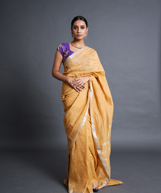Yellow handwoven linen zari saree