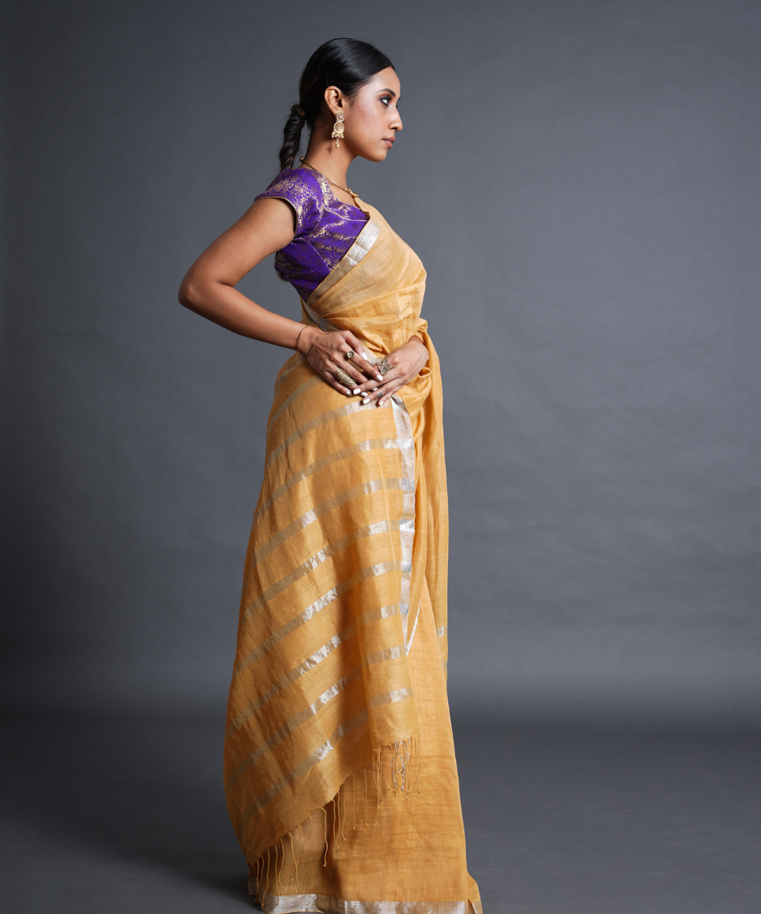 Yellow handwoven linen zari saree