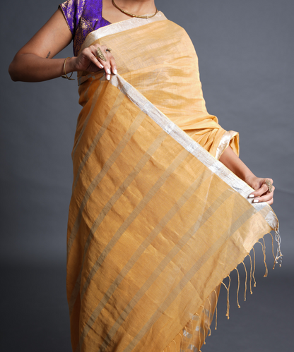 Yellow handwoven linen zari saree