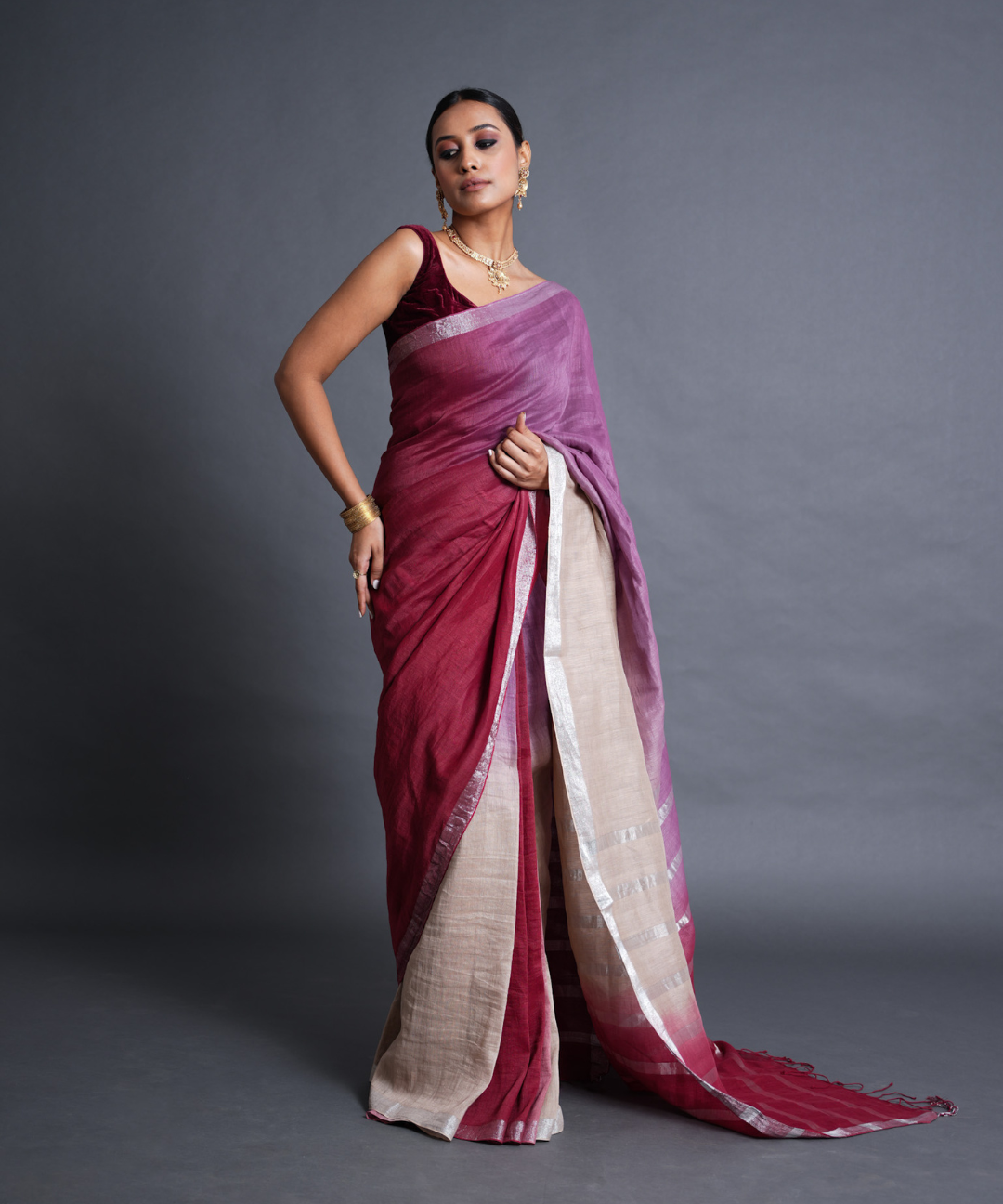 Maroon-purple ombre handwoven linen zari saree