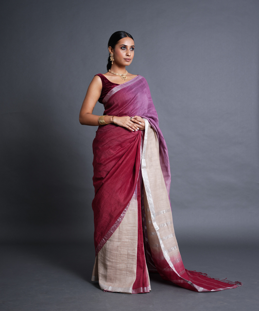 Maroon-purple ombre handwoven linen zari saree