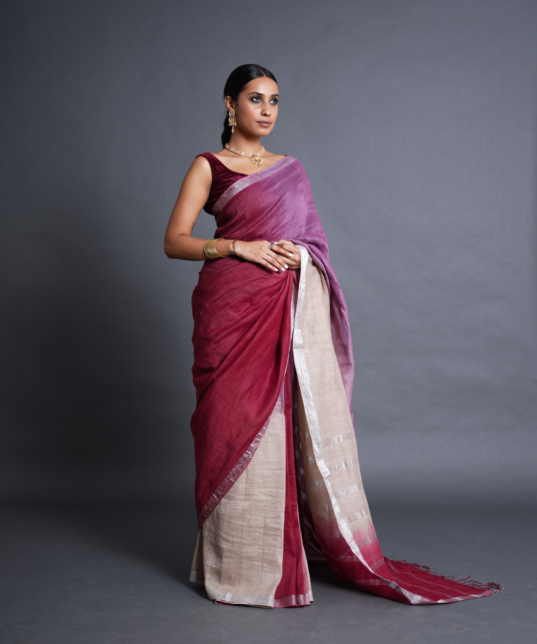 Maroon-purple ombre handwoven linen zari saree