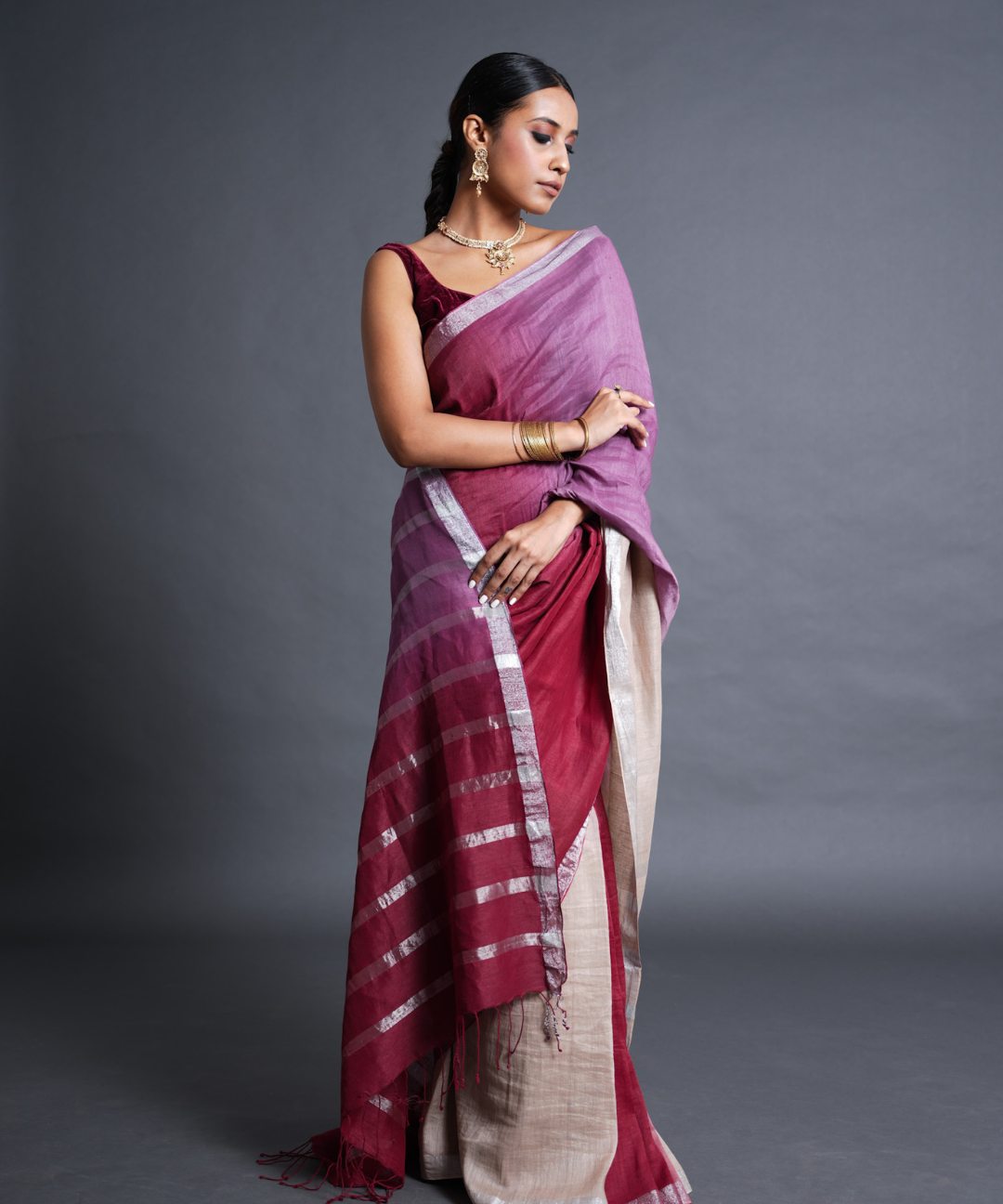 Maroon-purple ombre handwoven linen zari saree
