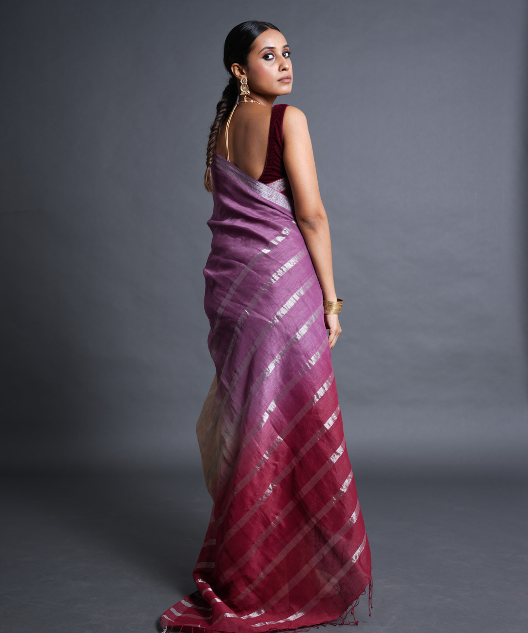 Maroon-purple ombre handwoven linen zari saree