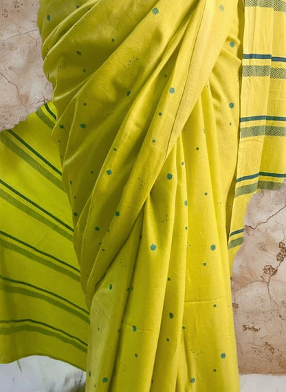 Neon yellow hand blockprinted cotton mulmul saree