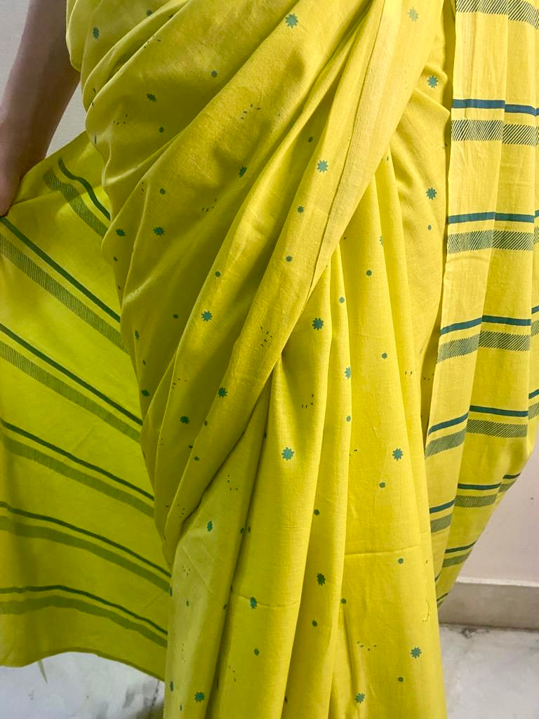 Neon yellow hand blockprinted cotton mulmul saree