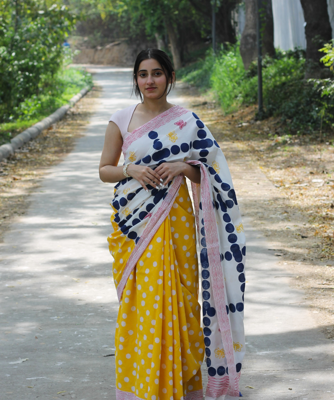 White yellow summer dream block printed mulmul saree