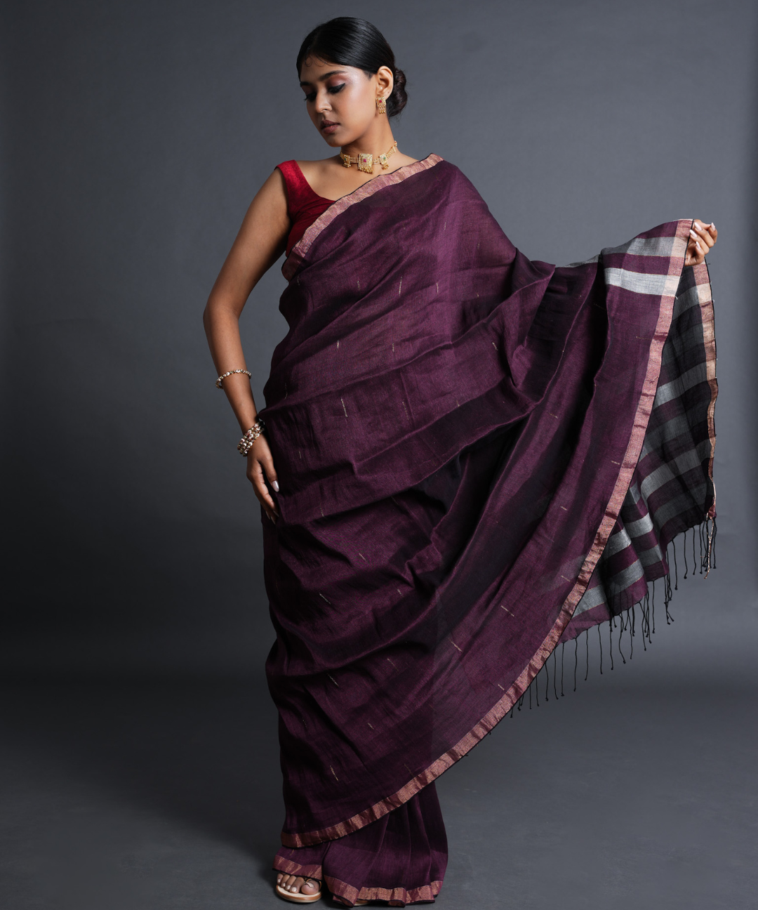 Mauve handwoven linen saree