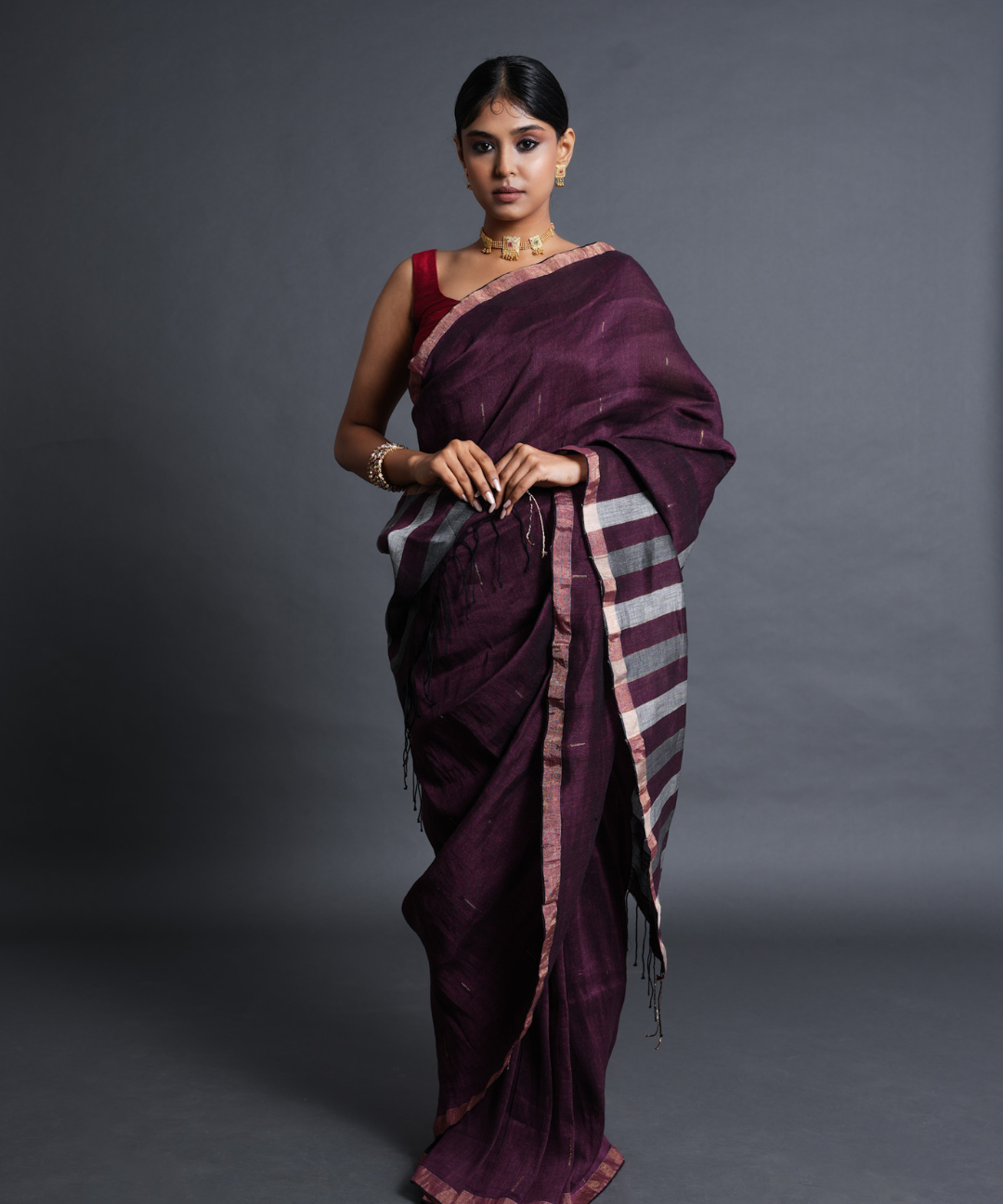Mauve handwoven linen saree