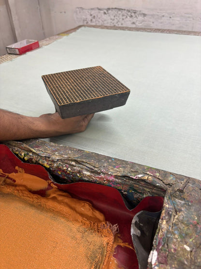 Orange summer candy block printed mulmul saree