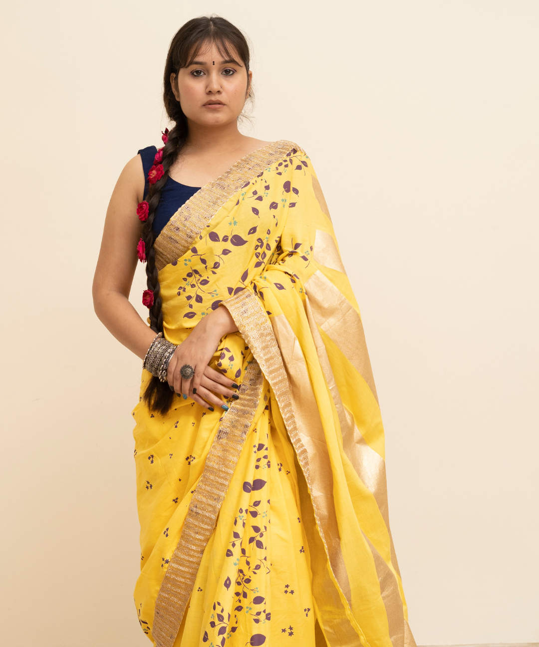 Yellow blockprinted cotton mulmul saree