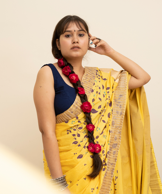 Yellow blockprinted cotton mulmul saree