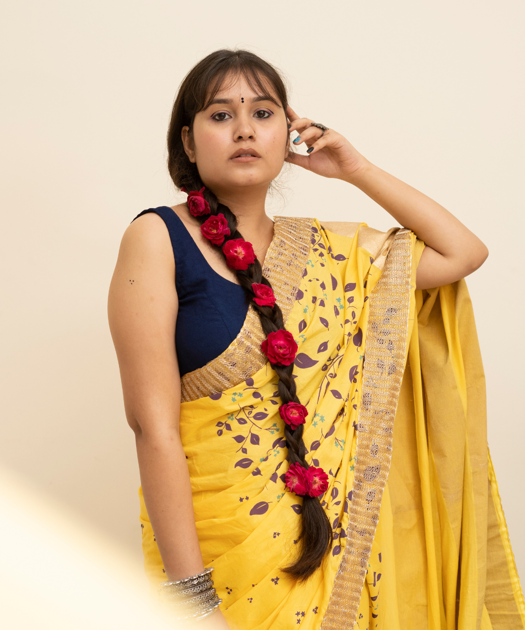 Yellow blockprinted cotton mulmul saree