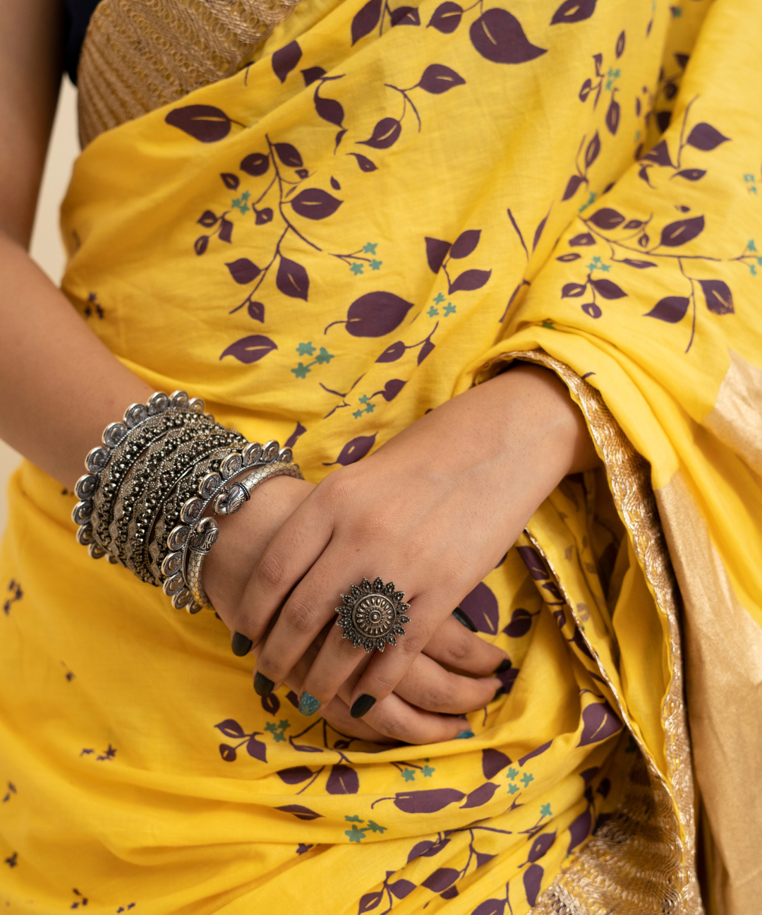 Yellow blockprinted cotton mulmul saree