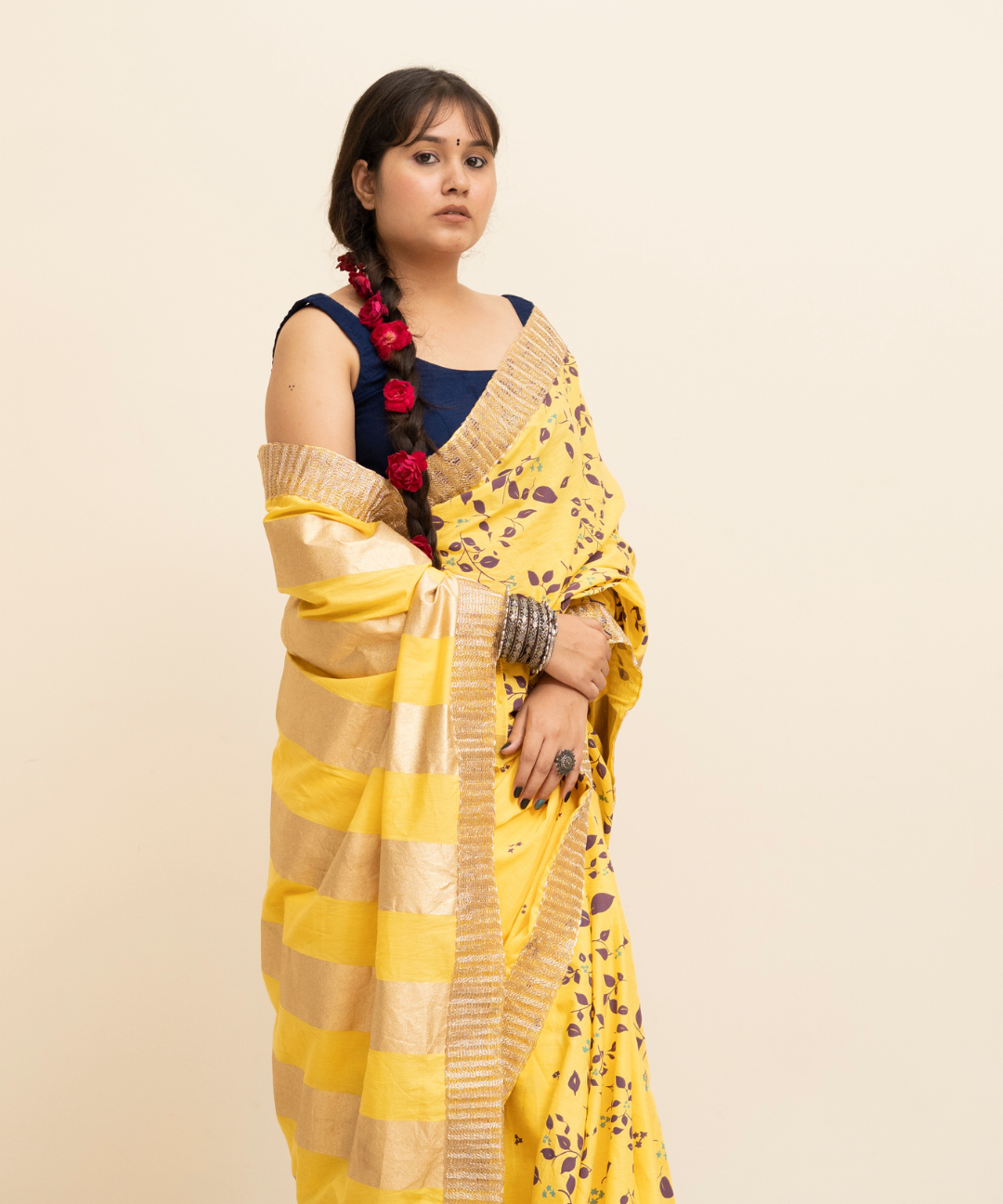 Yellow blockprinted cotton mulmul saree