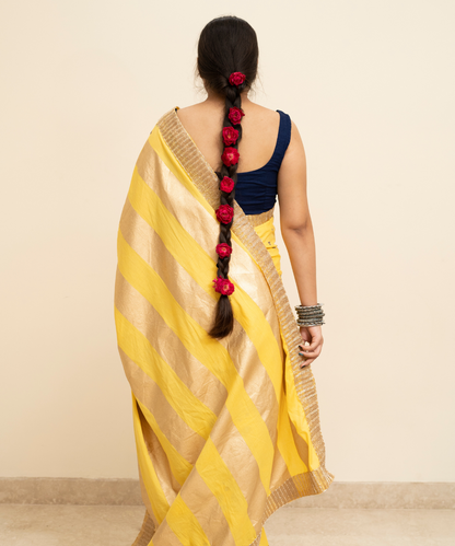 Yellow blockprinted cotton mulmul saree