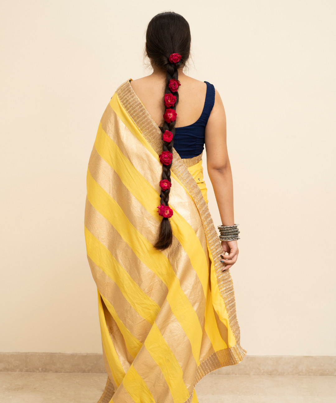 Yellow blockprinted cotton mulmul saree