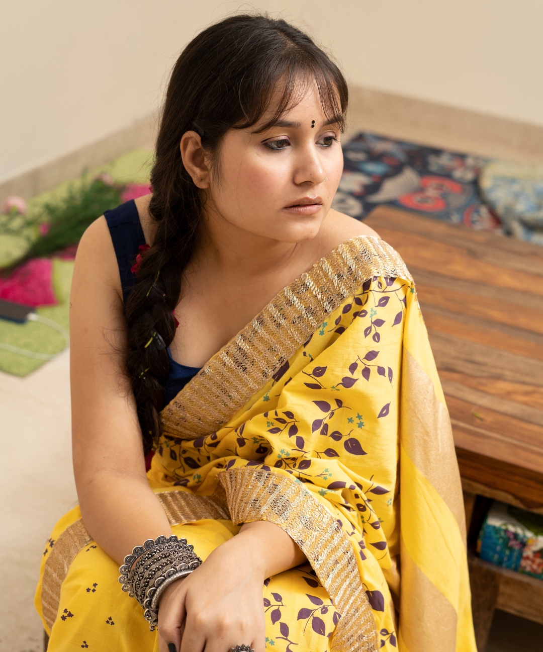 Yellow blockprinted cotton mulmul saree