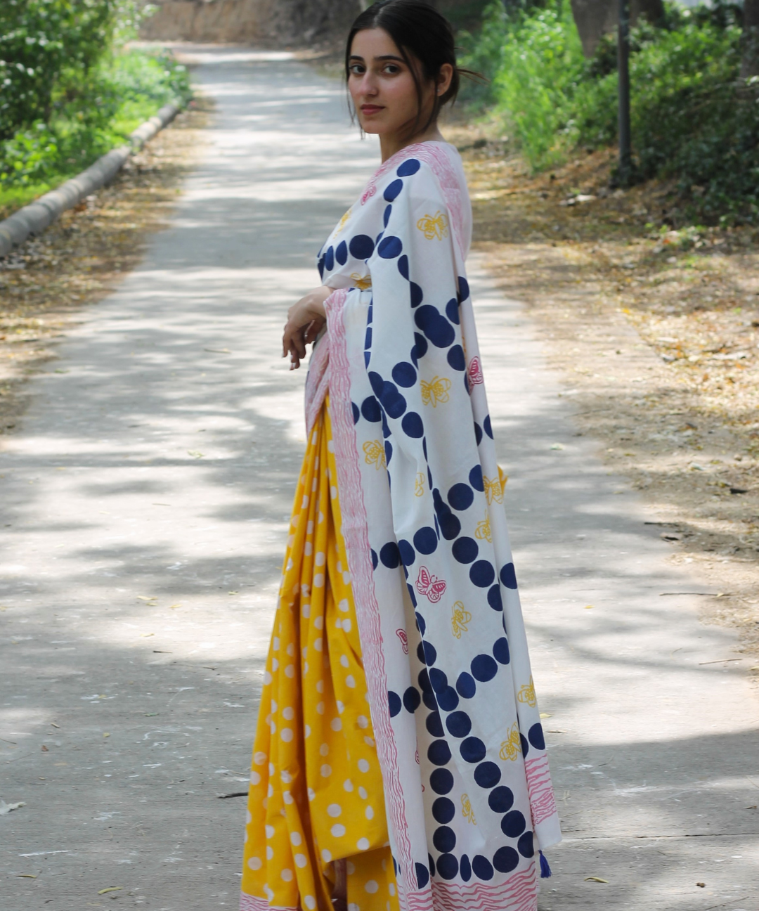 White yellow summer dream block printed mulmul saree