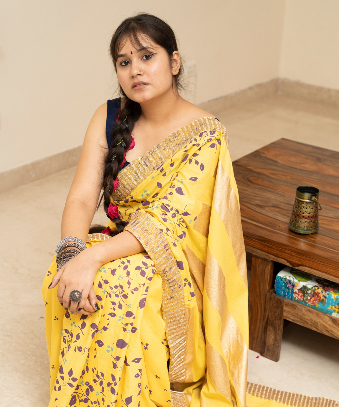 Yellow blockprinted cotton mulmul saree