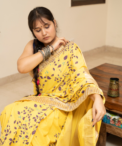 Yellow blockprinted cotton mulmul saree