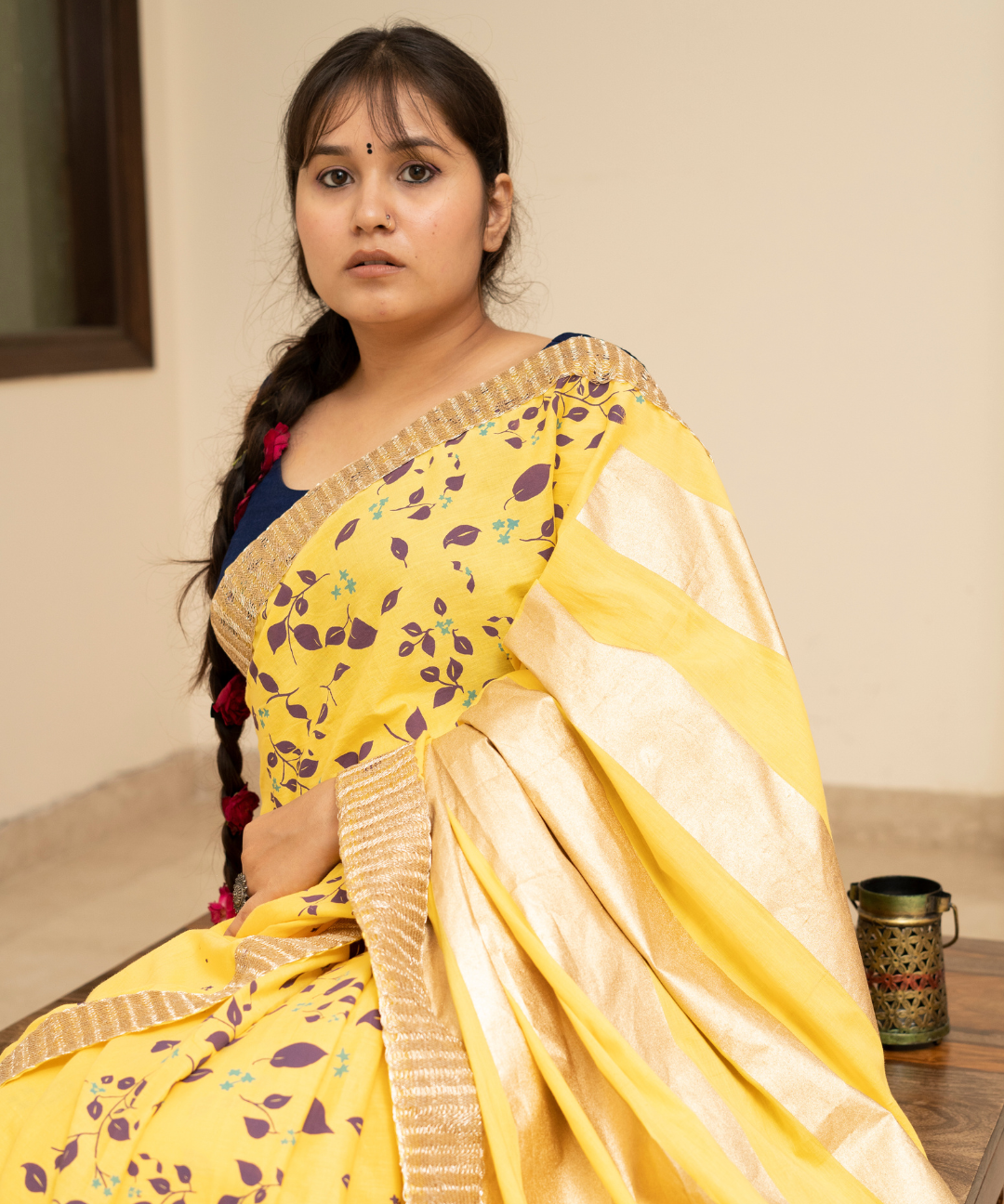 Yellow blockprinted cotton mulmul saree