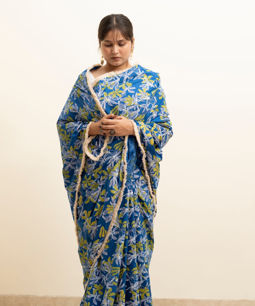 Blue blockprinted cotton mulmul saree