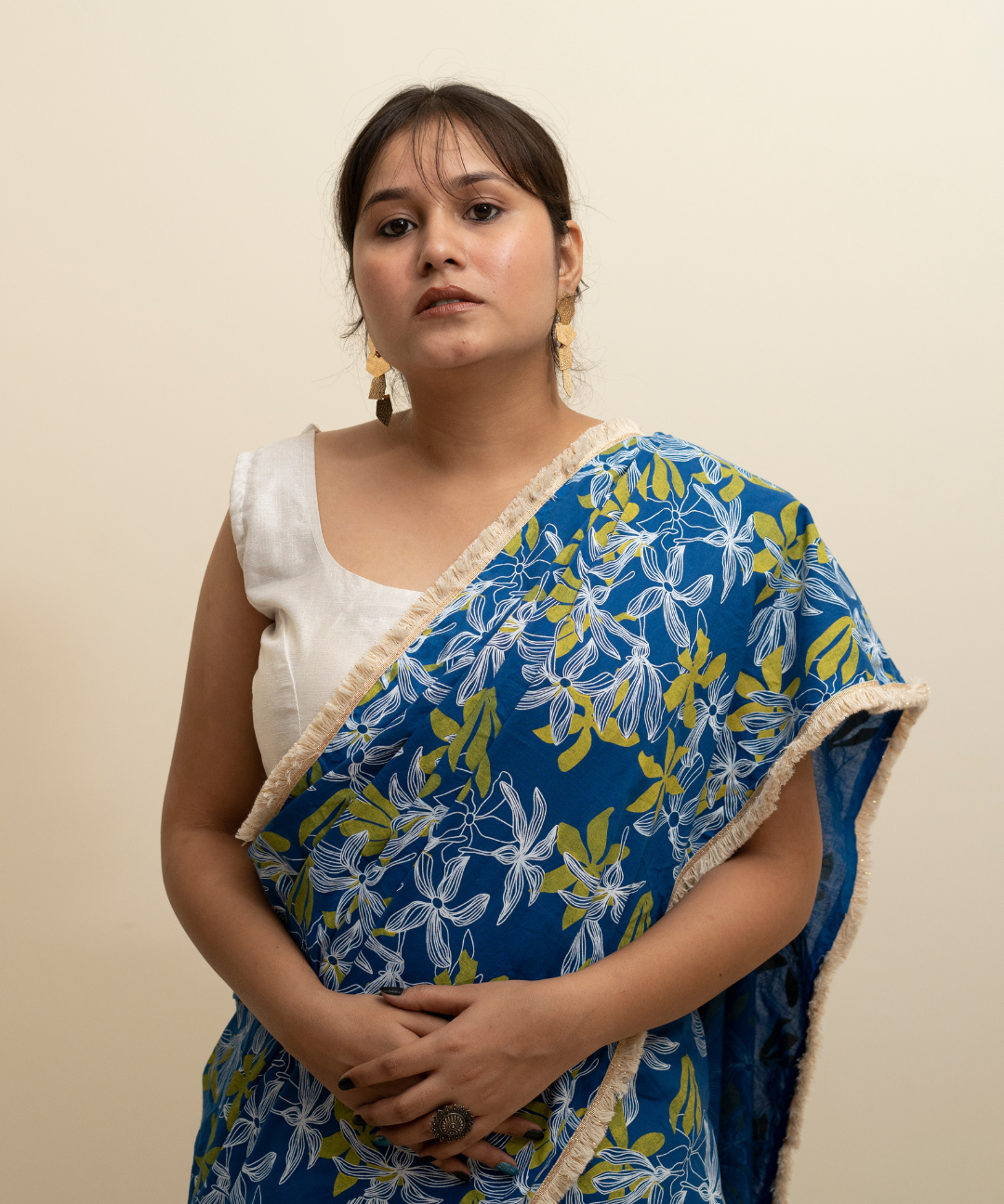Blue blockprinted cotton mulmul saree