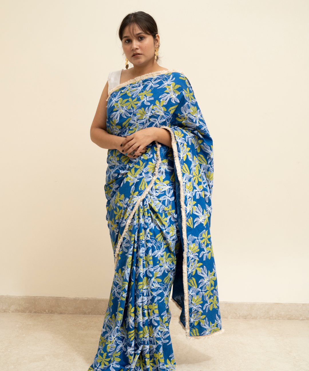Blue blockprinted cotton mulmul saree