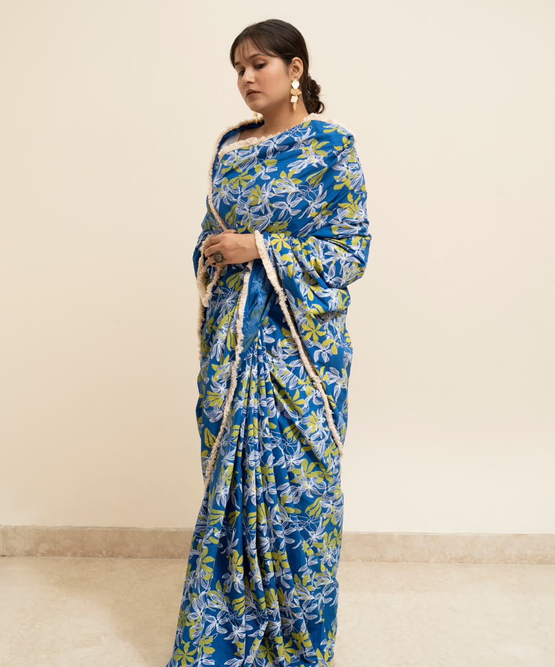 Blue blockprinted cotton mulmul saree
