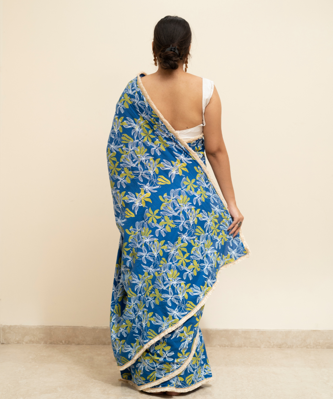 Blue blockprinted cotton mulmul saree