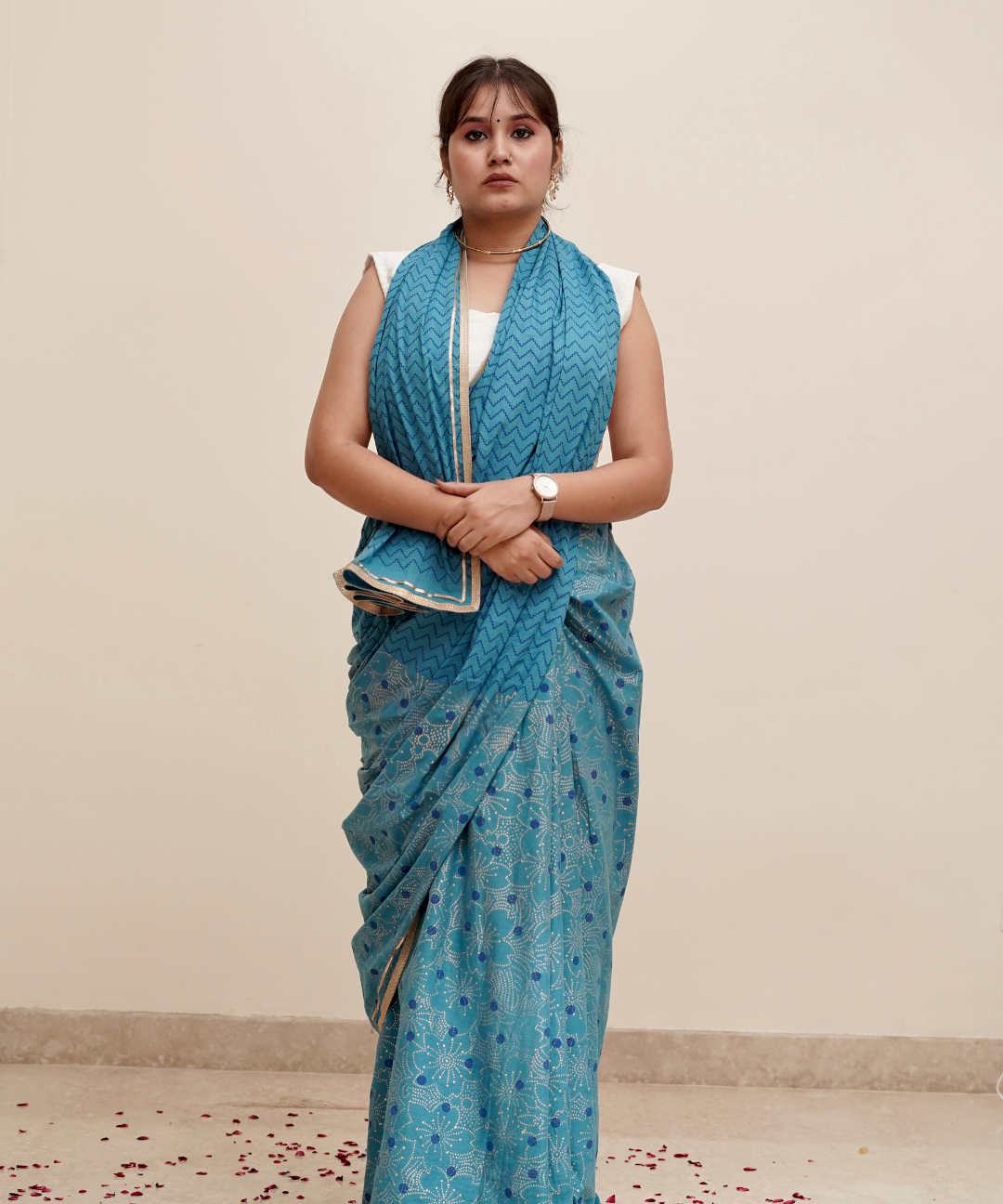 Summer blue blockprinted cotton mulmul saree
