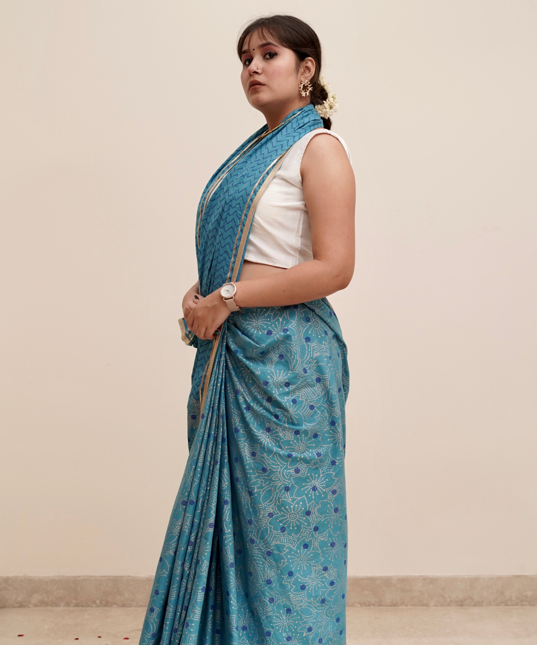 Summer blue blockprinted cotton mulmul saree