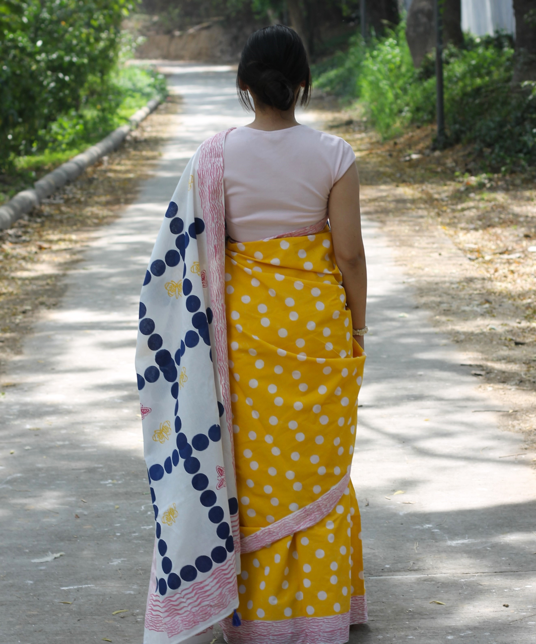 White yellow summer dream block printed mulmul saree